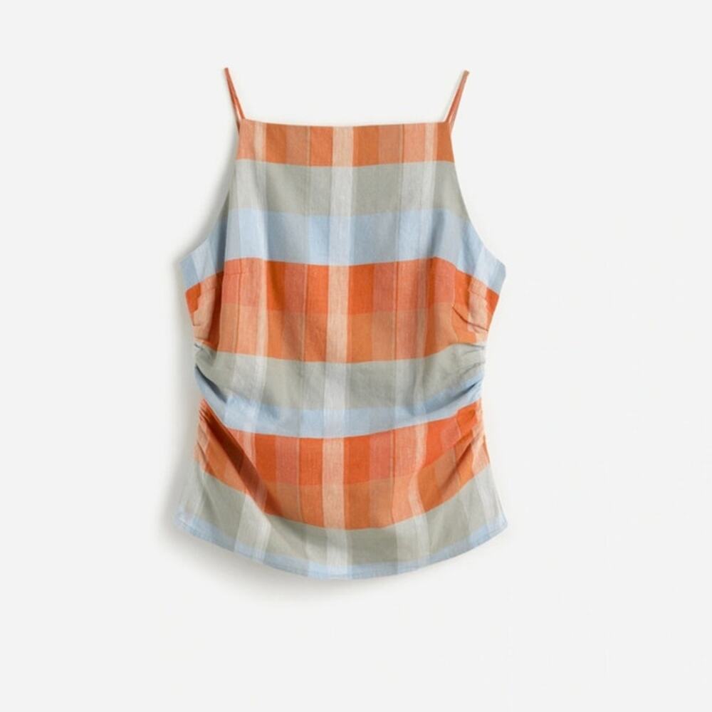 NWT Madewell Ruched Squareneck Tank in Linen-Cotton Blue/Orange 6 - Picture 3 of 13